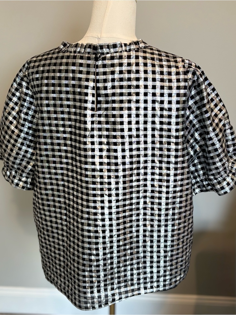 J.Crew Metallic Silver & Black Gingham Puff Sleeve Top Women’s XXL - Picture 3 of 6